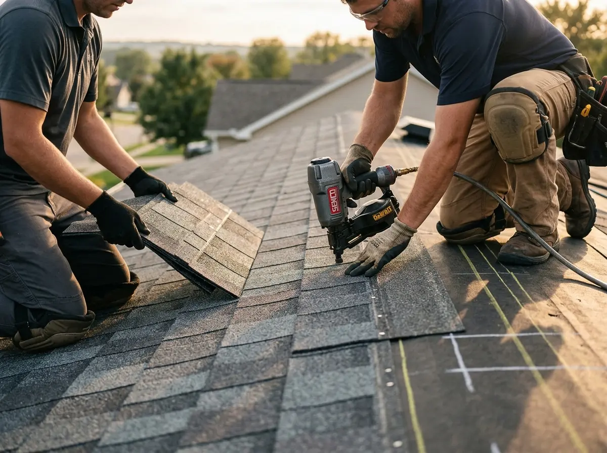 Professional roofer working on a residential roof in Wesley Hills
